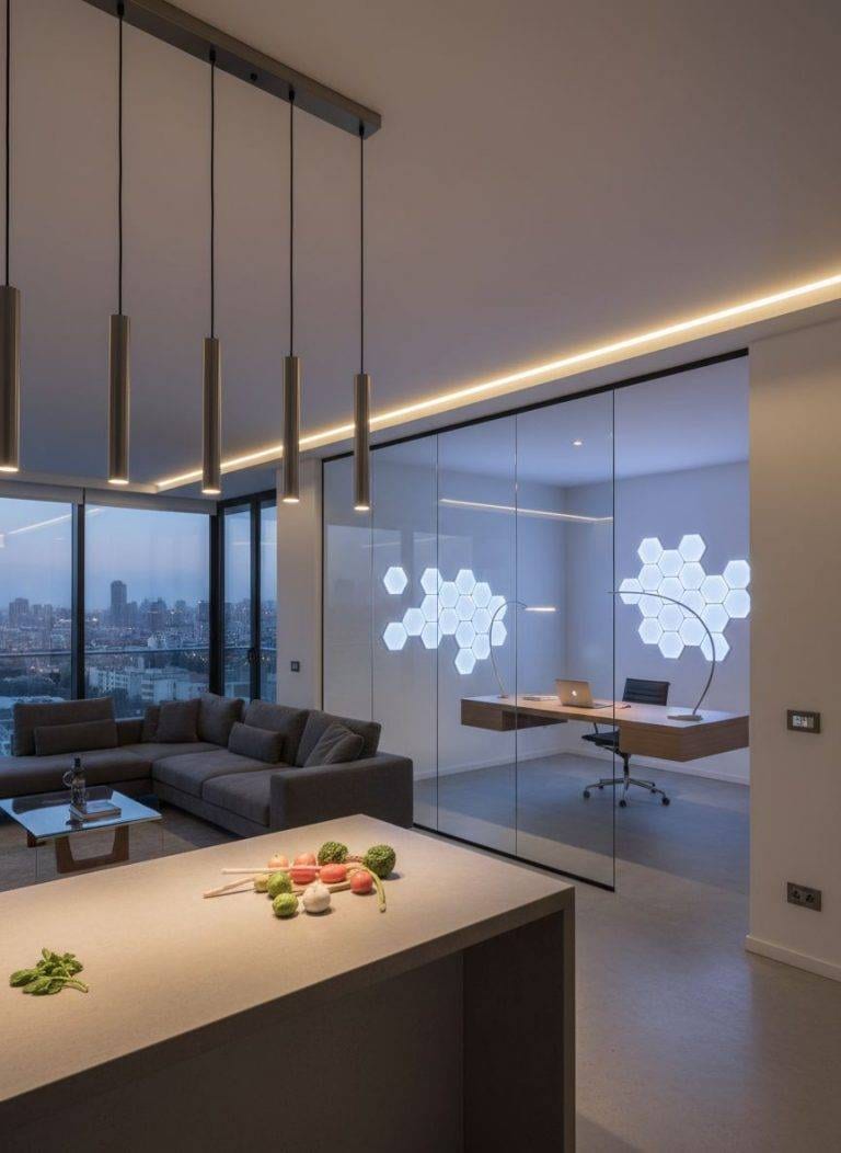 Elektriker - Elektroinstallationen Berlin LED Beleuchtung im modernen Wohnzimmer: Hängeleuchten, Glaswand zum Büro mit hexagonaler Wandleuchte. Stilvolles Interieur Design.