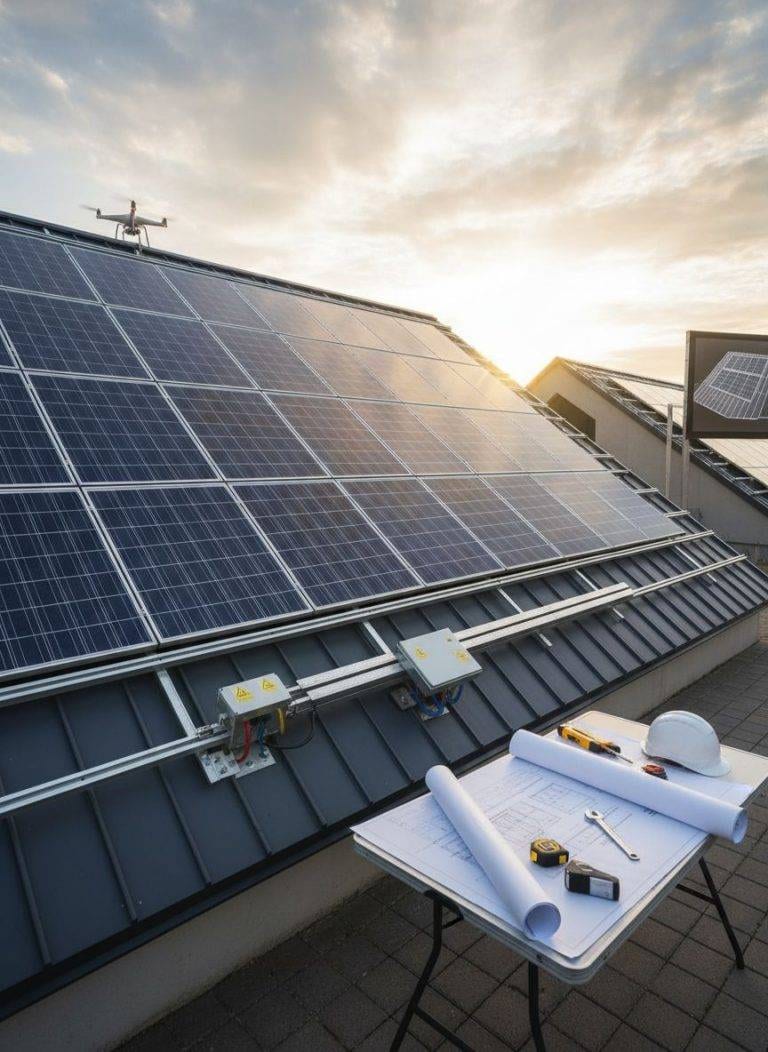 Elektriker - Elektroinstallationen Berlin Photovoltaikanlage Installation: Solarmodule auf Dach, Drohne, Baupläne, Werkzeuge. Nachhaltige Energie, erneuerbare Energien.