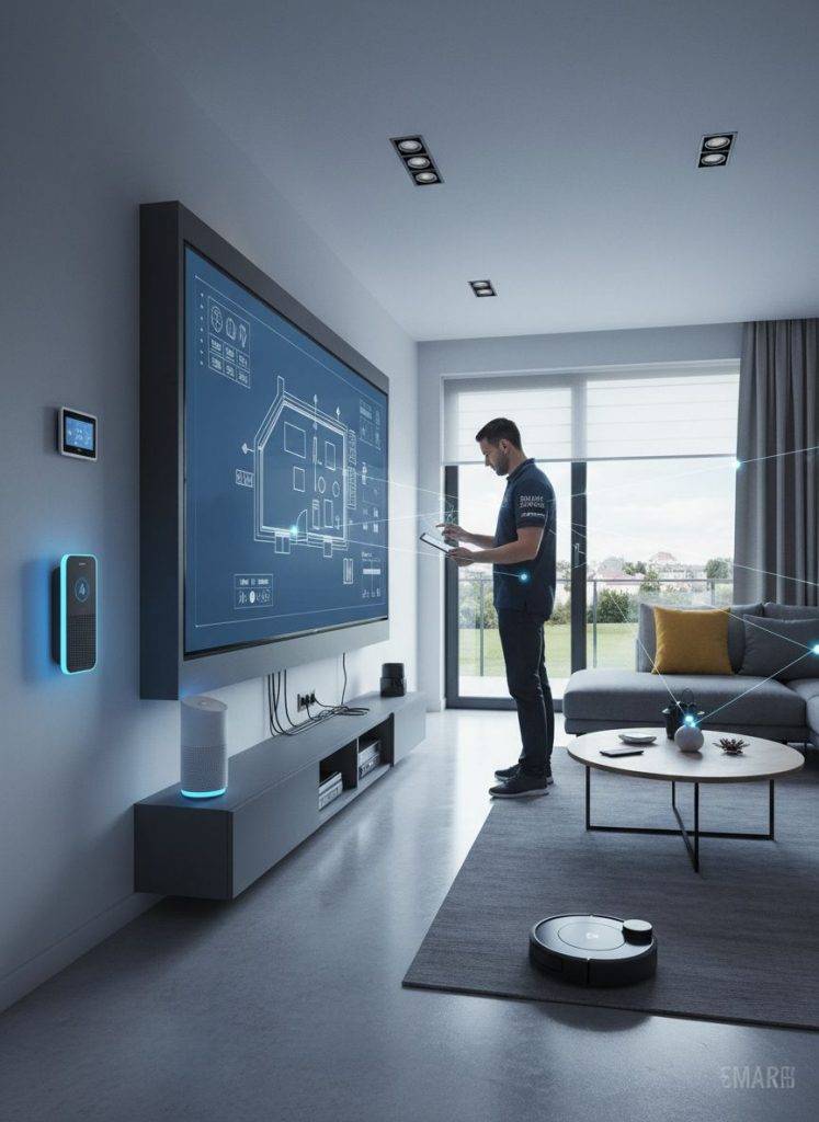 Smart Home Installationen und Lösungen Smart Home Installationen: Mann mit Tablet vor großem Bildschirm mit Hausplan, intelligente Geräte im Wohnzimmer.