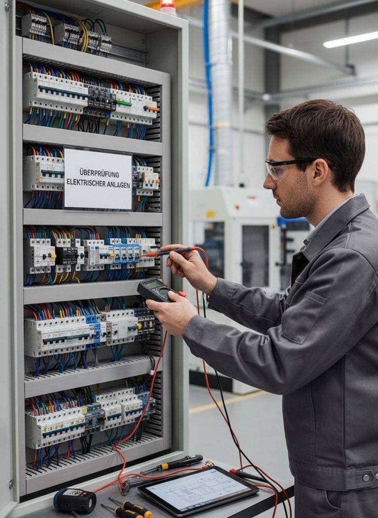 Überprüfung elektrischer Anlagen Überprüfung elektrischer Anlagen: Elektriker prüft Schaltschrank mit Messgerät. Sicherheit und Technik im Fokus.