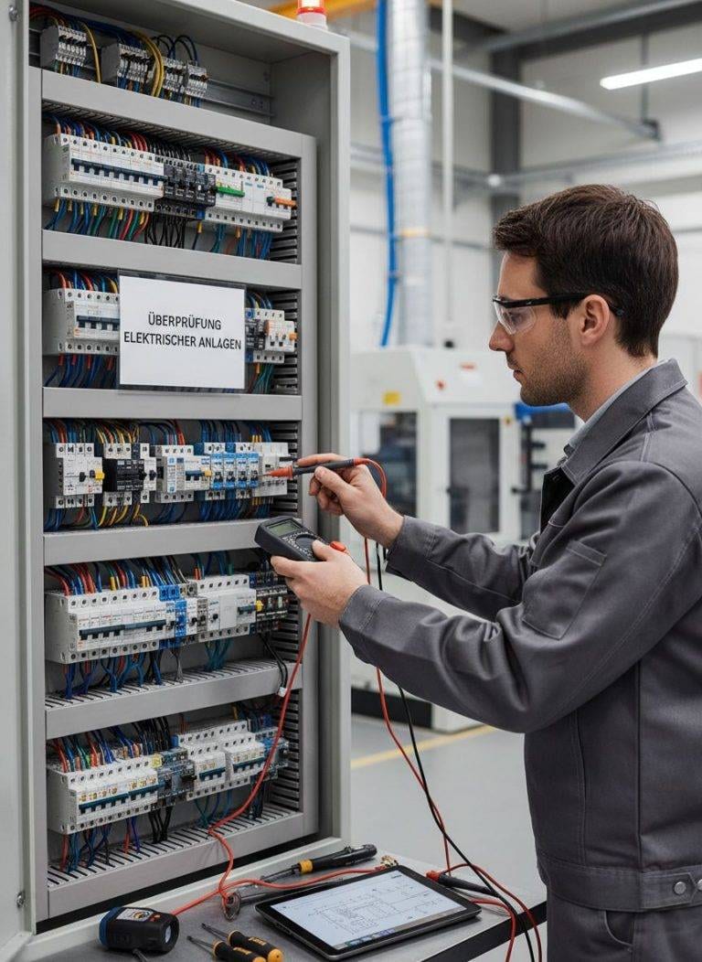 Elektriker - Elektroinstallationen Berlin Überprüfung elektrischer Anlagen: Elektriker prüft Schaltschrank mit Messgerät. Sicherheit und Technik im Fokus.