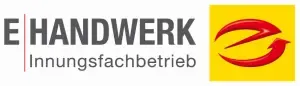 Innung Berlin Logo: E-Handwerk Innungsfachbetrieb Zeichen, roter Pfeil auf Gelb. Fachbetriebe für Elektrohandwerk in Berlin.