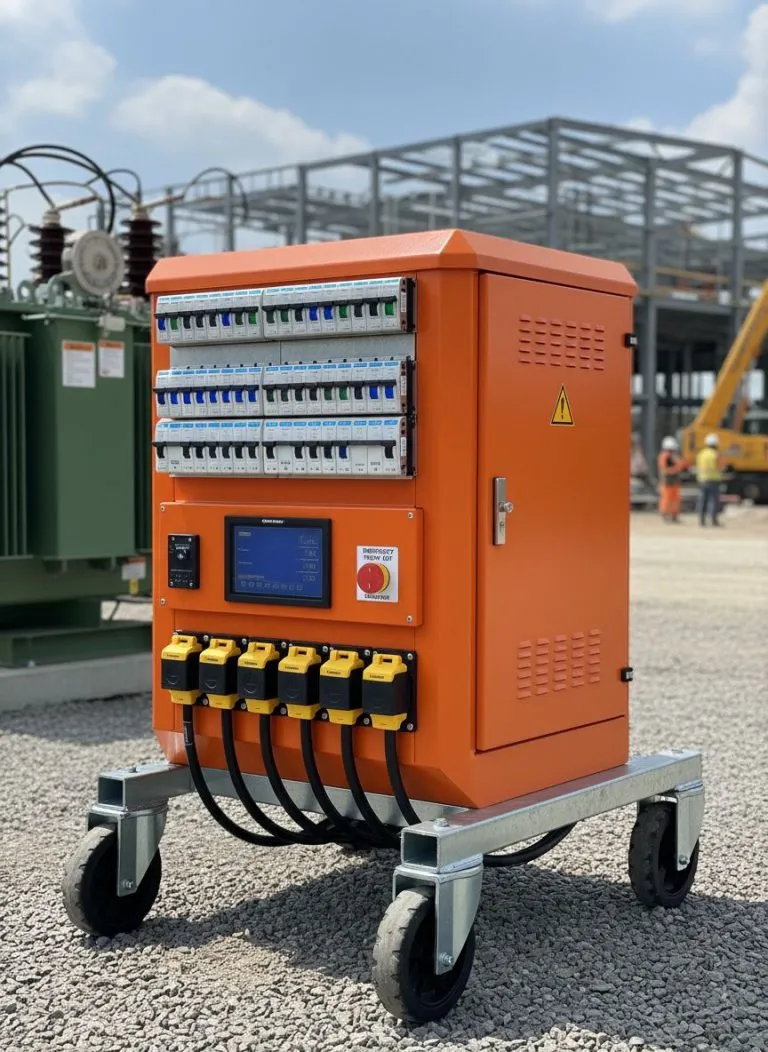 Home Baustromverteiler auf Baustelle. Mobiler Stromverteiler mit Rädern, orange. Schalter und Anschlüsse sichtbar. 120 Zeichen