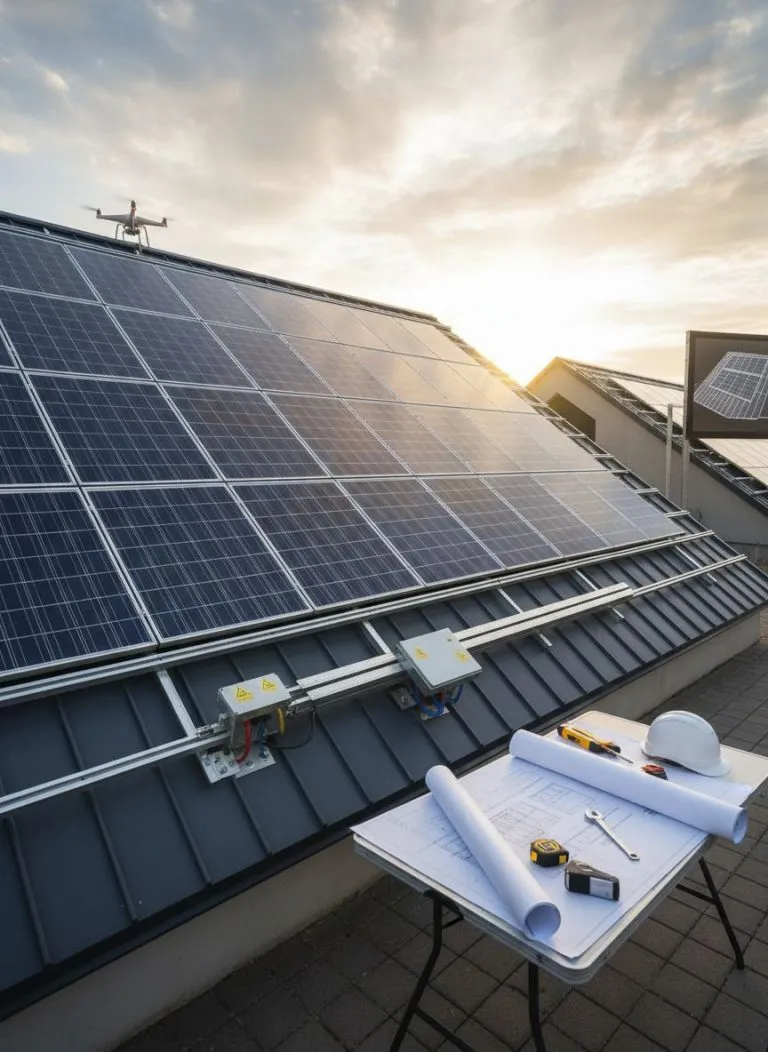 Home Photovoltaikanlage Installation: Solarmodule auf Dach, Drohne, Baupläne, Werkzeuge. Nachhaltige Energie, erneuerbare Energien.