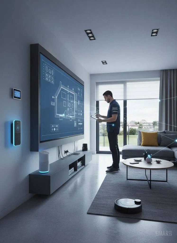 Smart Home Installationen: Mann mit Tablet vor großem Bildschirm mit Hausplan, intelligente Geräte im Wohnzimmer.